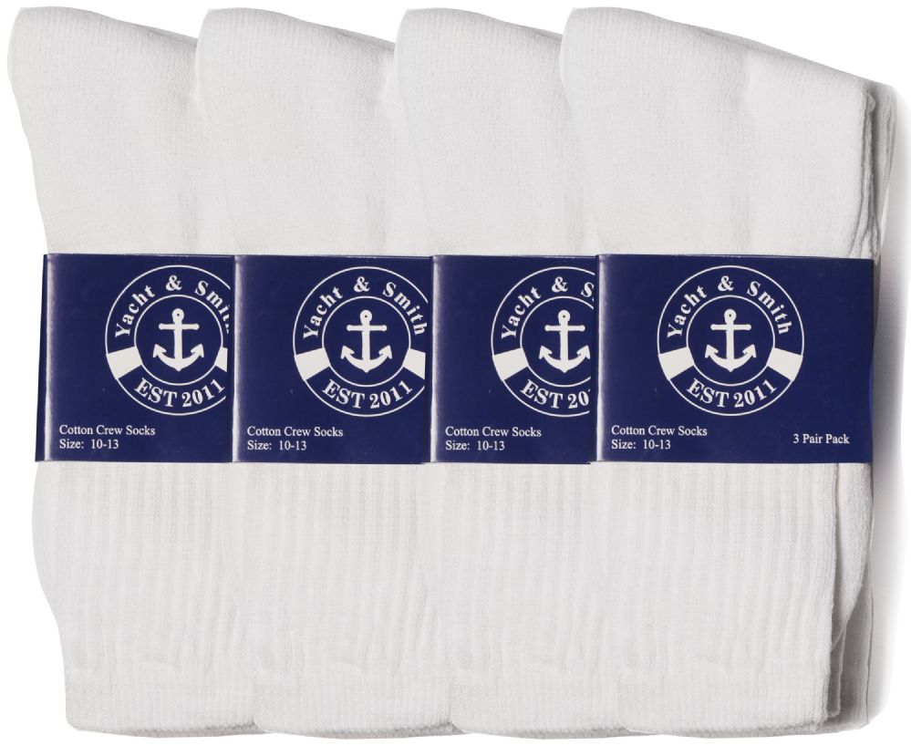 24 Pairs of Yacht & Smith Mens Cotton White Crew Socks, Sock Size 10-13