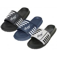36 Wholesale Men's Velcro Upper With Stripe Slide Sandal