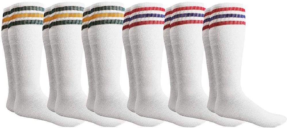 6 Pairs of Yacht & Smith Men's 28 Inch Cotton Tube Sock White With Stripes Size 10-13