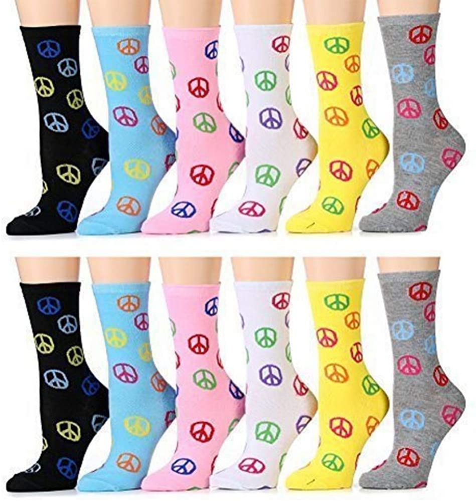60 Pairs of Yacht & Smith Women's Thin Cotton Assorted Colors Peace Printed Crew Socks