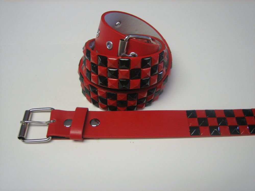 48 Pieces Red And Black Checkerboard Studded Belt Unisex Fashion