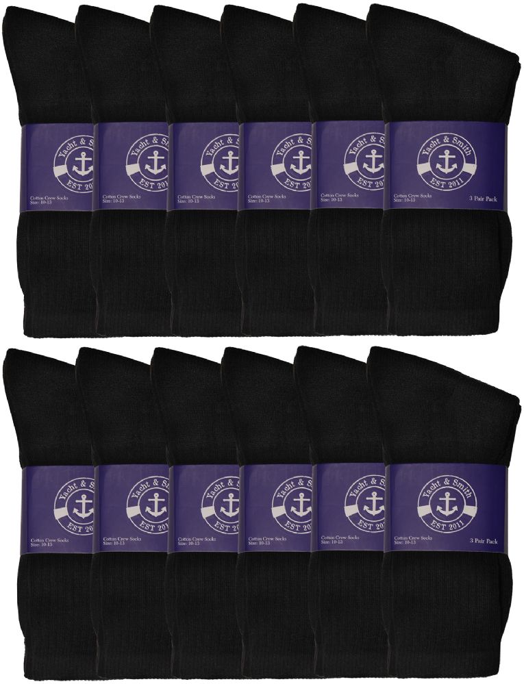 24 Pairs of Yacht & Smith Men's Cotton Terry Cushion Athletic Black Crew Socks
