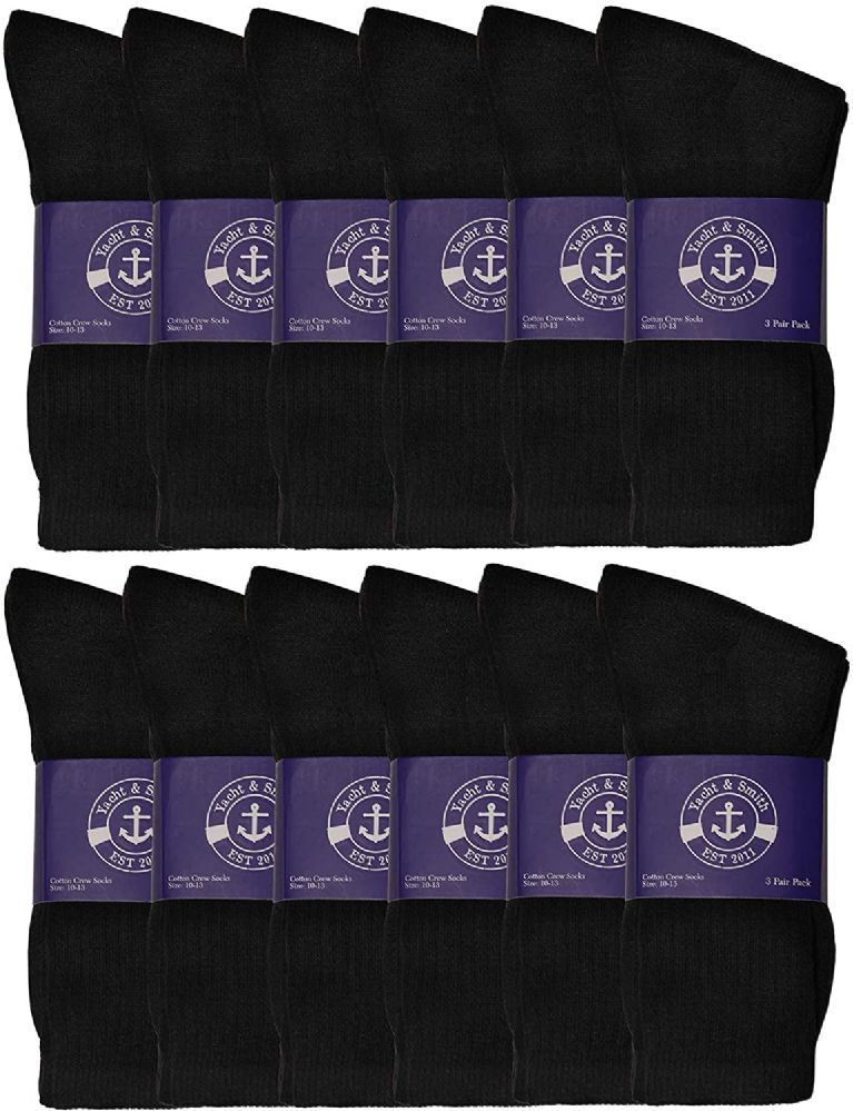 12 Pairs of Yacht & Smith Men's Cotton Athletic Terry Cushioned Black Crew Socks