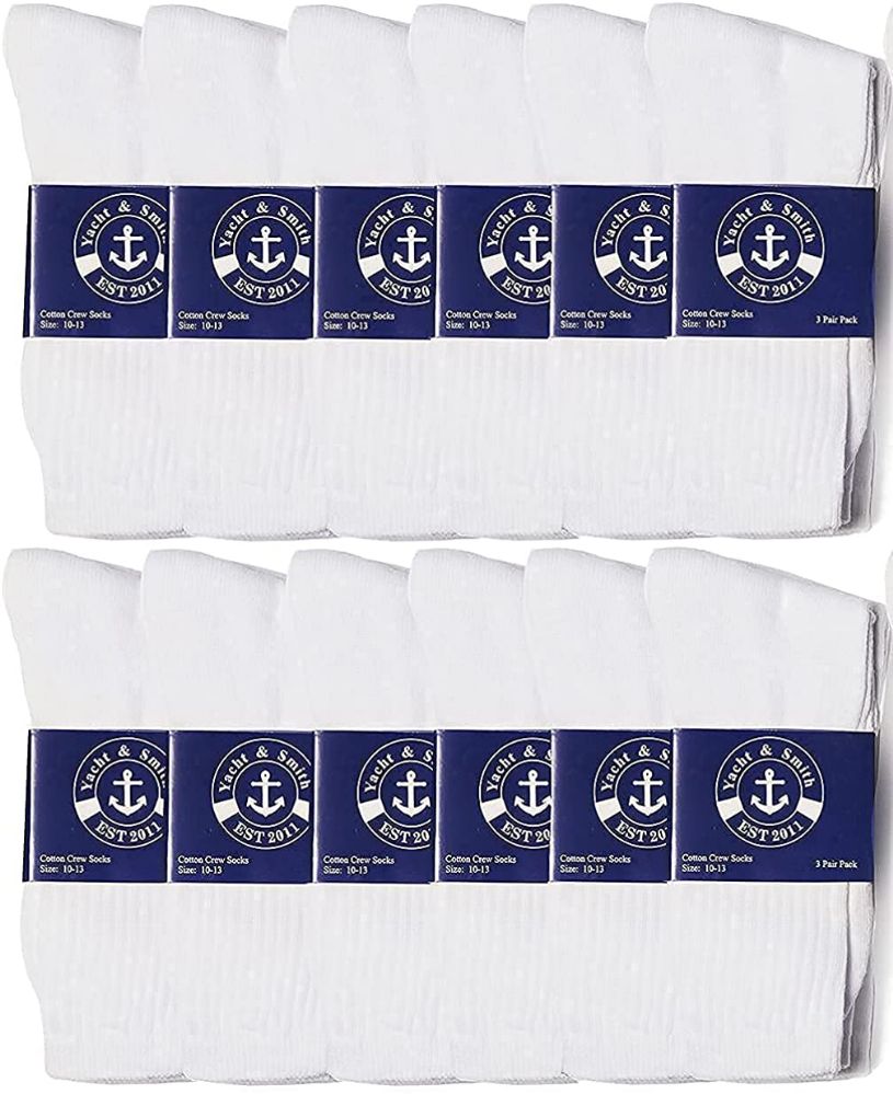 12 Pairs of Yacht & Smith Men's Cotton Terry Cushion Athletic White Crew Socks