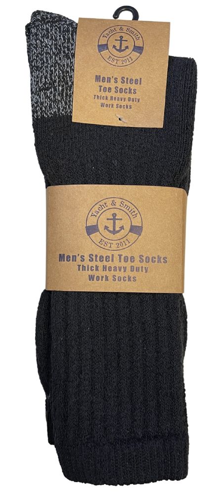 60 Wholesale Yacht & Smith Men's Heavy Duty Steel Toe Work Socks, Black, Sock Size 10-13