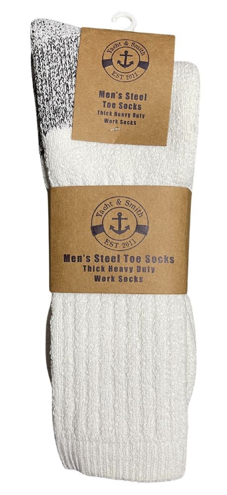 36 Wholesale Yacht & Smith Men's Heavy Duty Steel Toe Work Socks, White, Sock Size 10-13