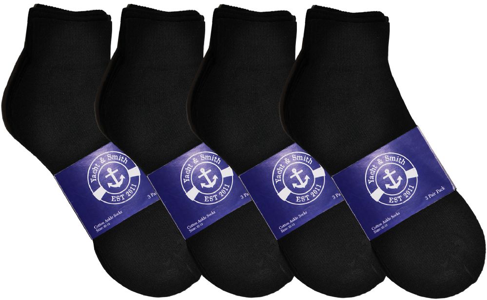48 Pairs Yacht & Smith Mens Cotton Black Sport Ankle Socks, Sock Size 10-13 - Mens Ankle Sock