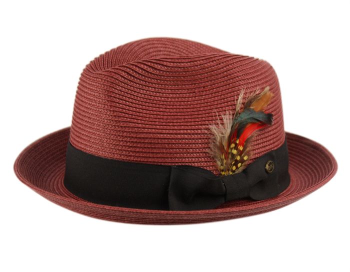 12 Pieces Poly Braid Fedora Hats With Band & Feather In Burgundy ...