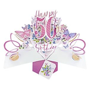12 Wholesale Happy 50th Birthday Pop Up Card -Butterflies