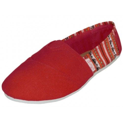 36 Wholesale Women's Most Comfortable Slip On Casual Canvas Shoe In Red With Color Stripe