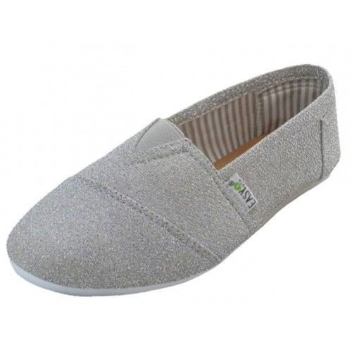 36 Wholesale Women's Most Comfortable Slip On Casual Canvas Shoe In Metallic Silver Color