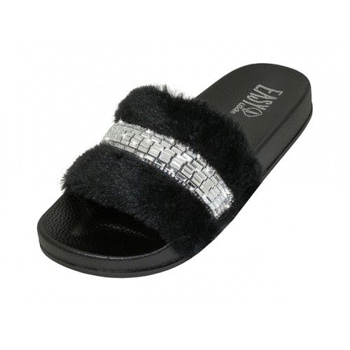 36 Wholesale Women's Faux Fur Upper With Rhinestone Top Slide Sandals Black Color Only