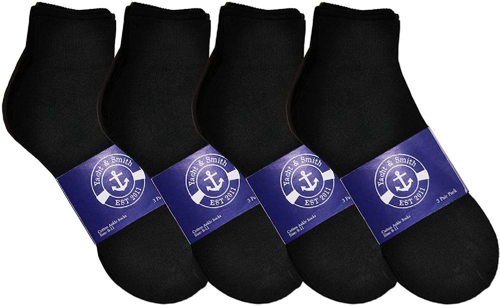 12 Wholesale Yacht & Smith Womens Lightweight Cotton Sport Black Quarter Ankle Socks, Sock Size 9-11