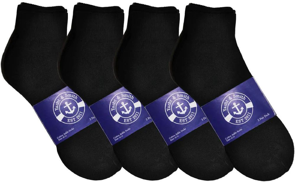 12 Pairs of Yacht & Smith Men's Cotton Black Quarter Ankle Socks