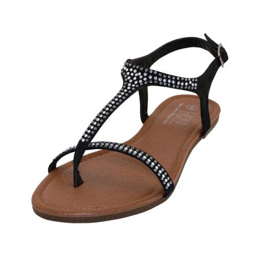 Fashion black thong sandals with rhinestones