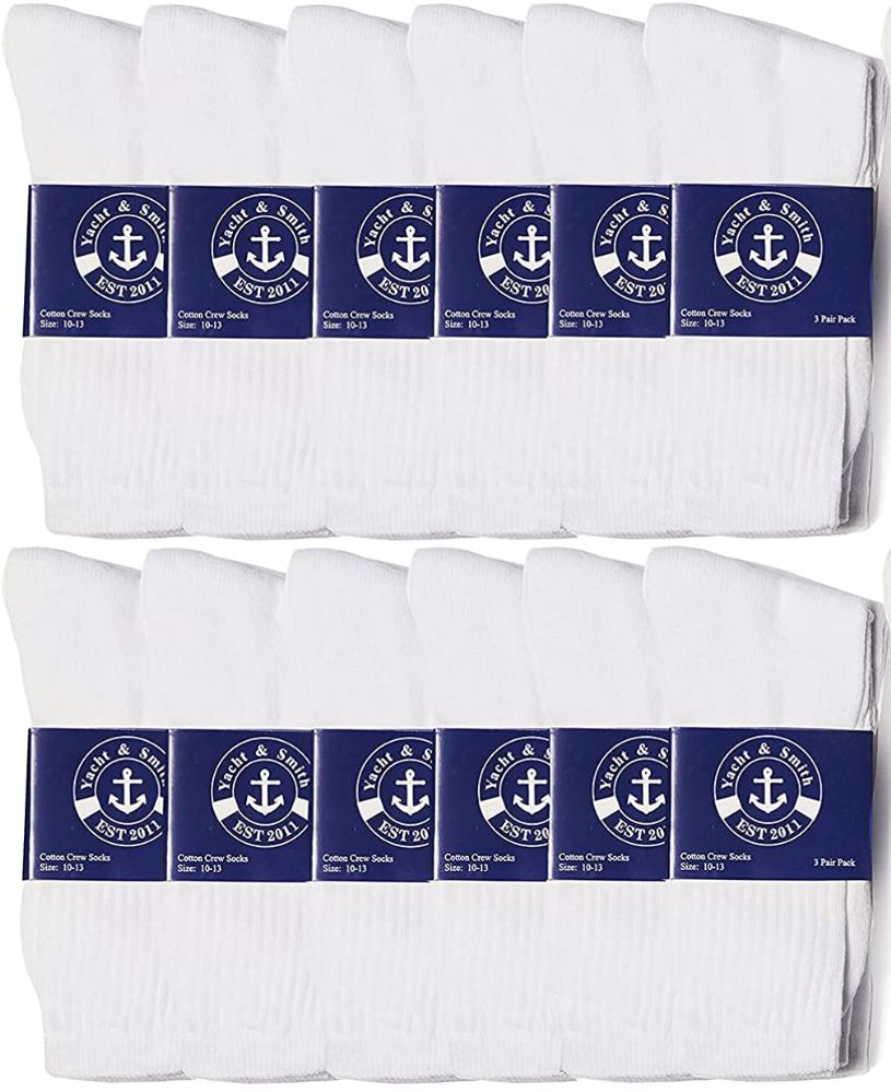 12 Pairs of Yacht & Smith Womens Lightweight Cotton Crew Socks In Bulk, White Size 9-11