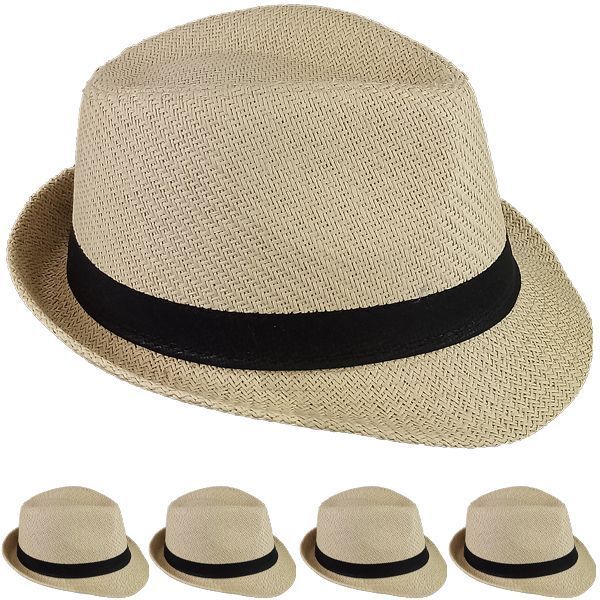 12 Pieces of Classic Brown Toyo Straw Trilby Fedora Hat with Black Band