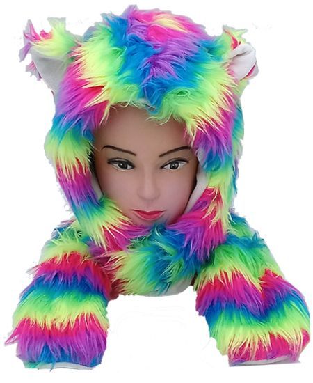 5 Pieces of Soft Faux Fur Rainbow Animal Hat With Builtin Paws Mittens