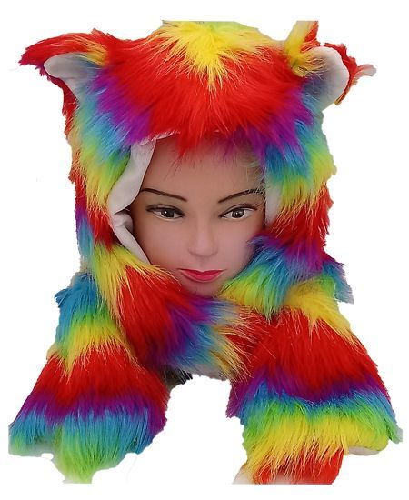 12 Pieces of Rainbow Fur Animal Hat With Builtin Paws Mittens
