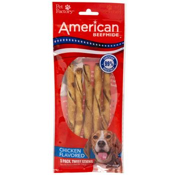 24 Pieces of Dog Treats Chicken Flavor 5pk 5in Twistedz Sticks American Beefhide #27754