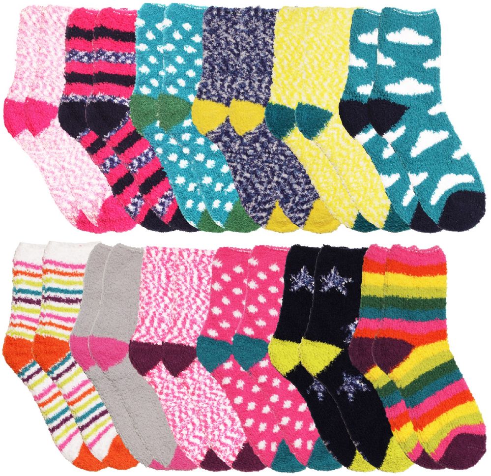 24 Wholesale Yacht & Smith Women's Assorted Printed Fuzzy Socks Assorted Colors, Size 9-11