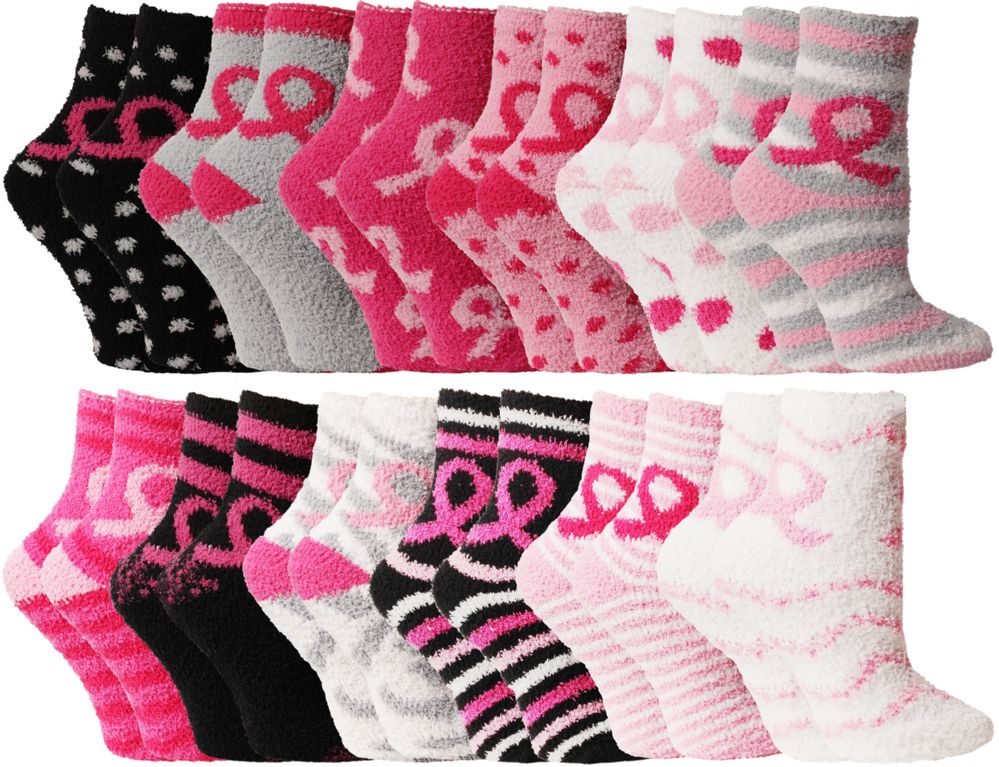 24 Wholesale Yacht & Smith Women's Breast Cancer Awareness Fuzzy Socks, Asst Prints Size 9-11