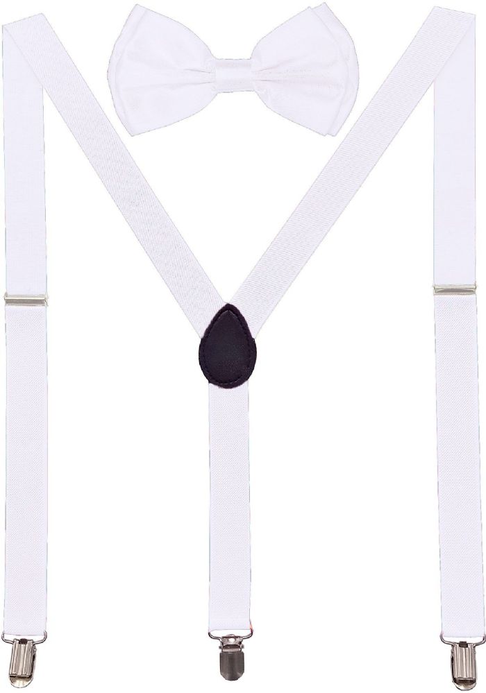 24 Pieces of White Suspenders And Bow Tie Set