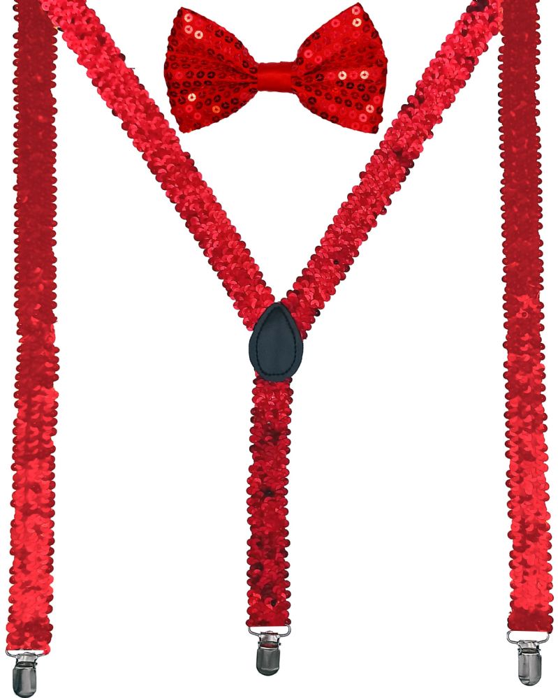 24 Wholesale Red Sequin Suspenders And Bow Tie Set at