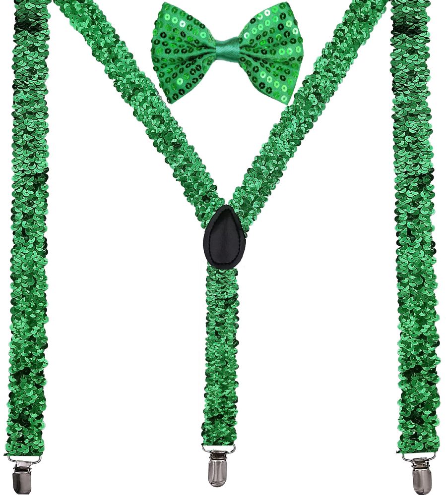 24 Pieces of Green Sequin Suspenders And Bow Tie Set