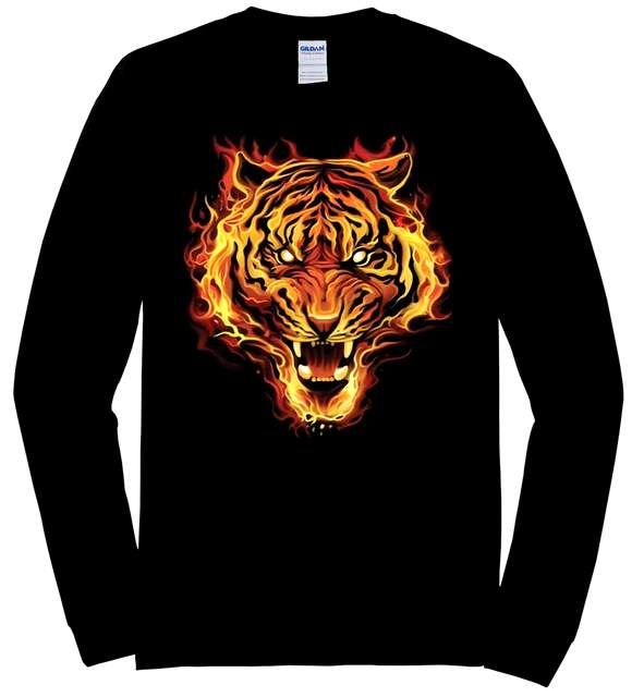 6 Wholesale Flaming Tiger Black Color Long Sleeve T-Shirt Plus Size