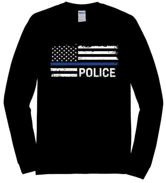 12 Wholesale Black LonG-Sleeve T-Shirt Blue Line Police