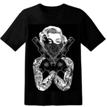 12 Wholesale Gangsta Double Gun Lady With Face Covering Black Shirts
