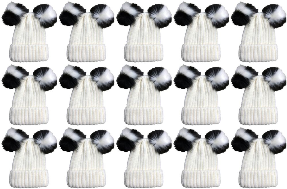 120 Wholesale Double Pom Pom Ribbed Winter Beanie Hat, Multi Color Pom Pom Solid White