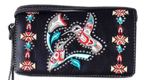 5 Pieces Western Wallet Purse Two Birds Design In Black - Wallets & Handbags