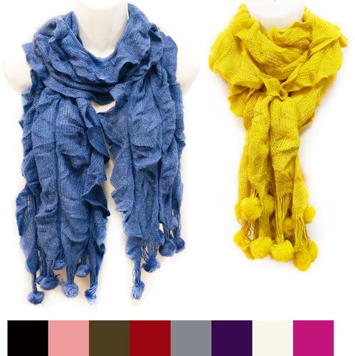 36 Pieces of Knitted Solid Color Ruffle Scarves With Ball Fringes