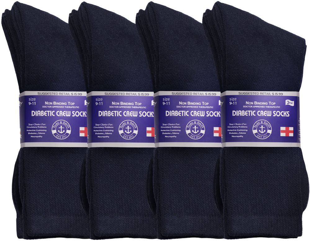 24 Wholesale Yacht & Smith Women's Loose Fit NoN-Binding Soft Cotton Diabetic Crew Socks Size 9-11 Navy Bulk Pack