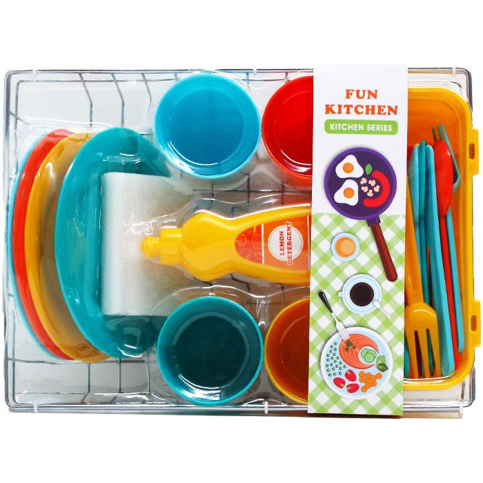 12 Pieces of 23pc Pretend Dish Play Set In 12" Metal Dish Rack