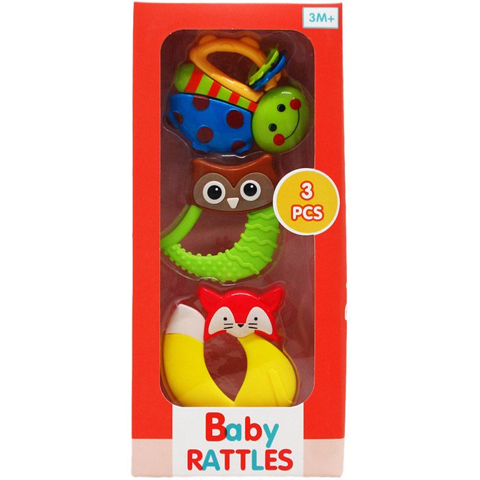 24 Pieces of 3pc Baby Rattle Play Set In Window Box, 3 Assrt Styles