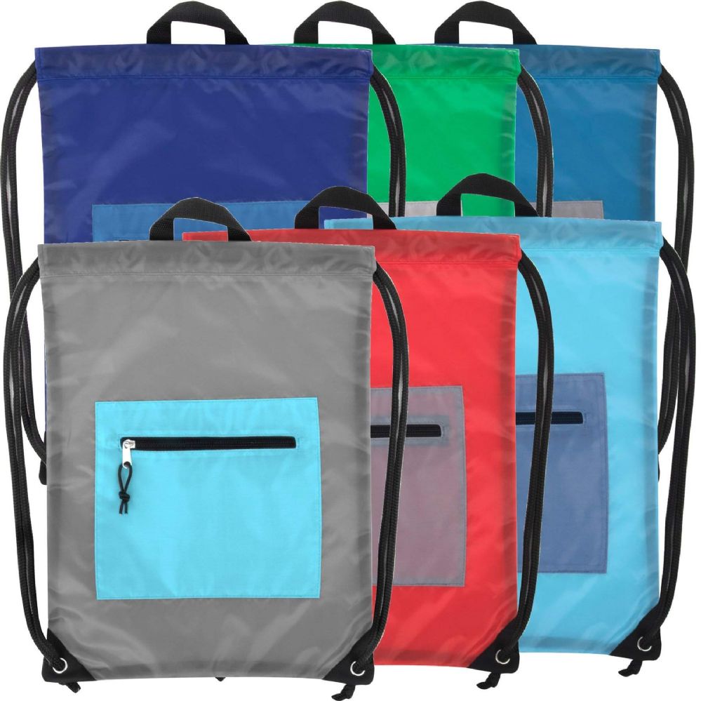 48 Wholesale Front Accessory Pocket Drawstring Backpack - 6 Color Assortment