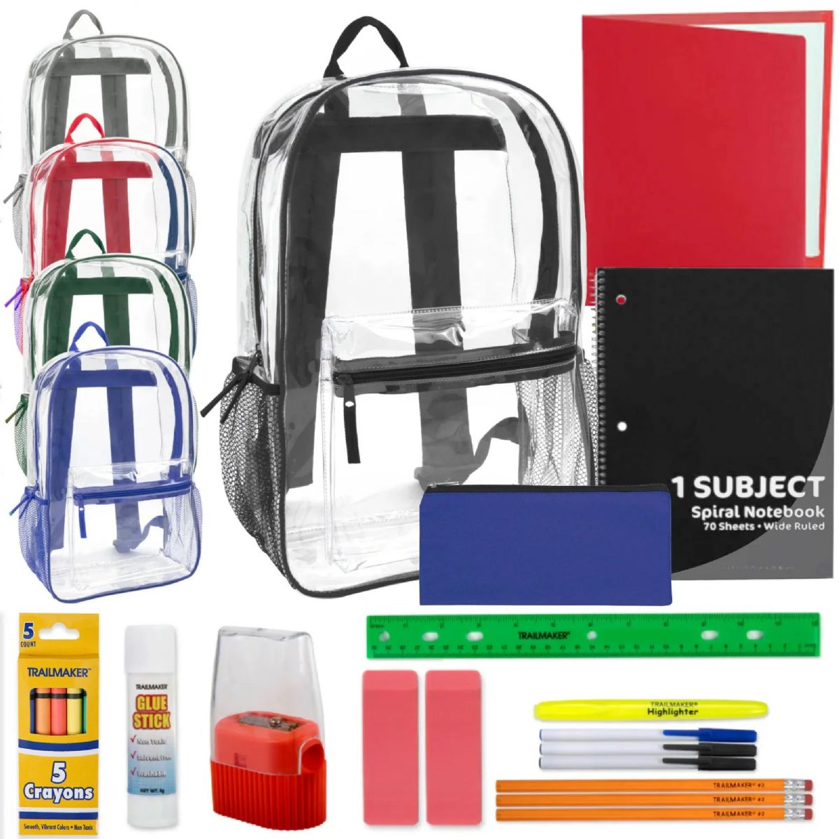 24 Pieces of 17" Classic Clear Backpack With 20-Piece School Supply Kit - 5 Colors
