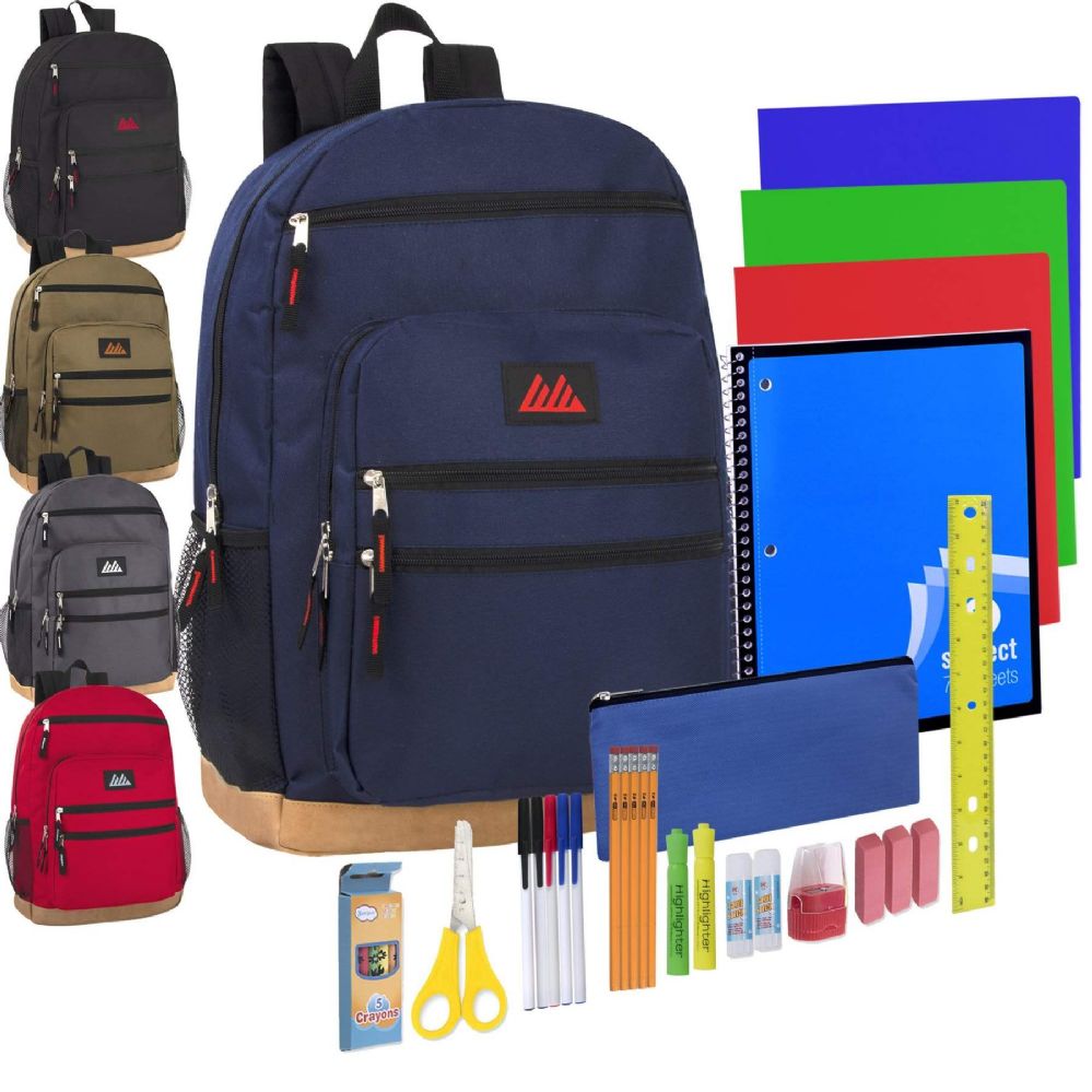 12 Wholesale Preassembled 18 Inch Rugged Bottom Backpack With Laptop Section & 30 Piece School Supply Kit - Boys