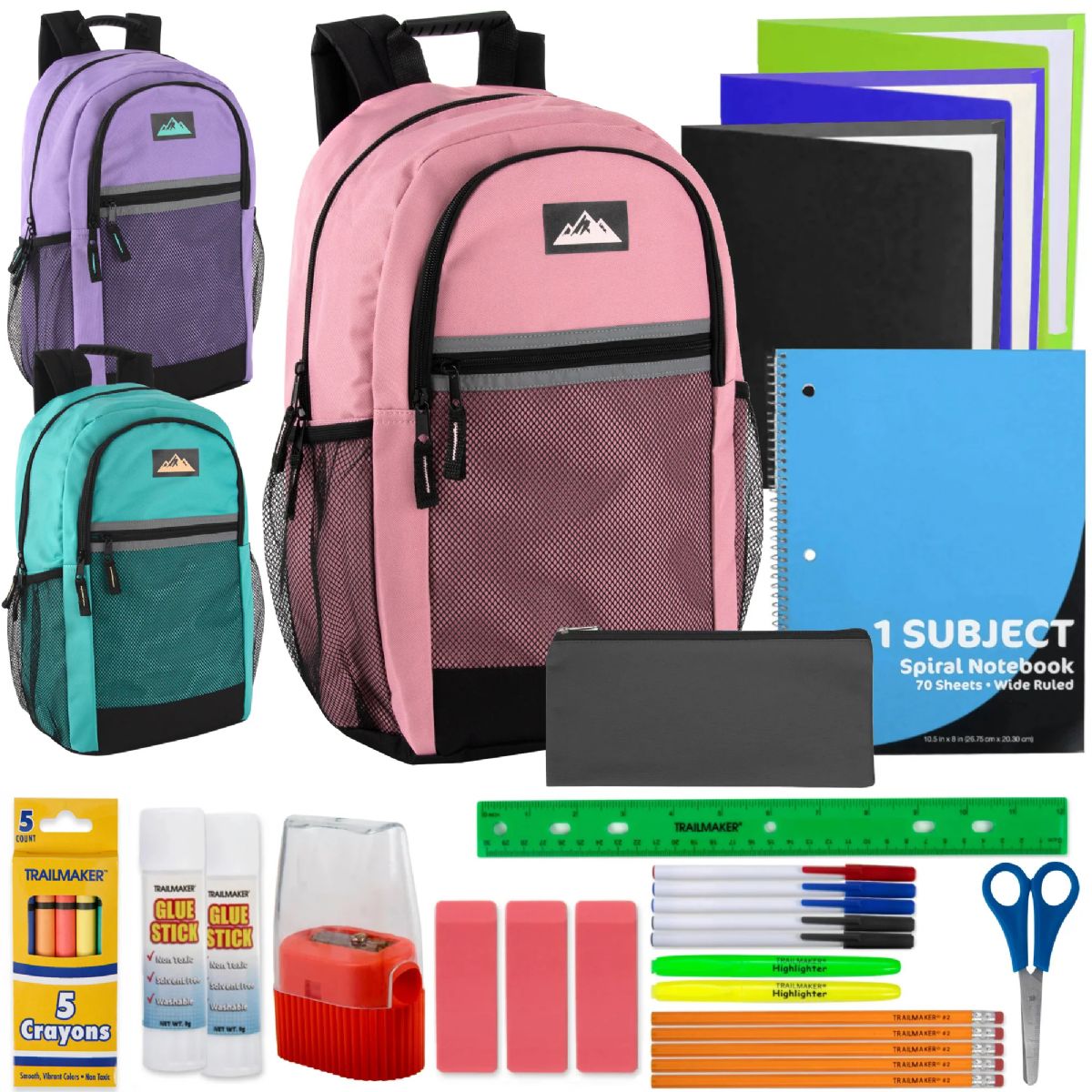 12 Pieces of 18" MultI-Pocket Reflective Backpack With 30-Piece School Supply Kit - Girls