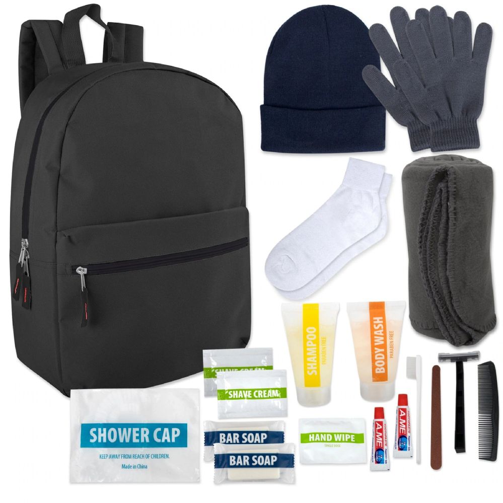 12 Sets of Warm Essential Hygiene Kit Includes Backpack, Socks, Blanket, Hat, Gloves And 15 Toiletries