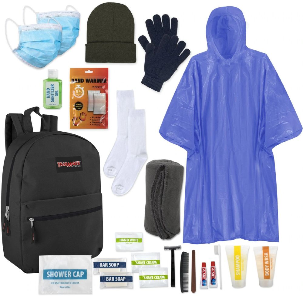 12 Wholesale Premium Warm Hygiene Kit Includes Backpack, Socks, Blanket, Hat, Gloves, Sanitizer, Rain Poncho, Hand Warmers And 15 Toiletries