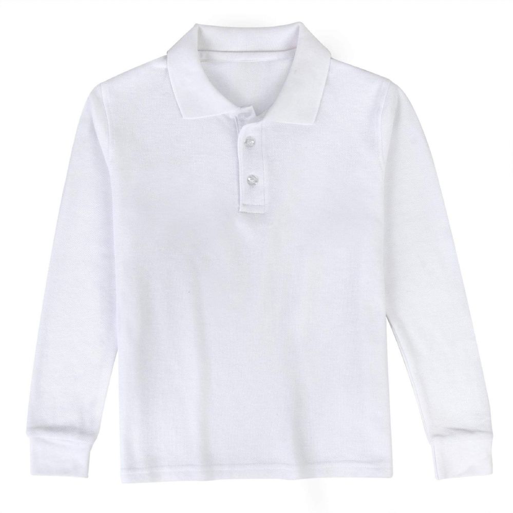 24 Wholesale Kid's Long Sleeve Polo - White- Size 7-8