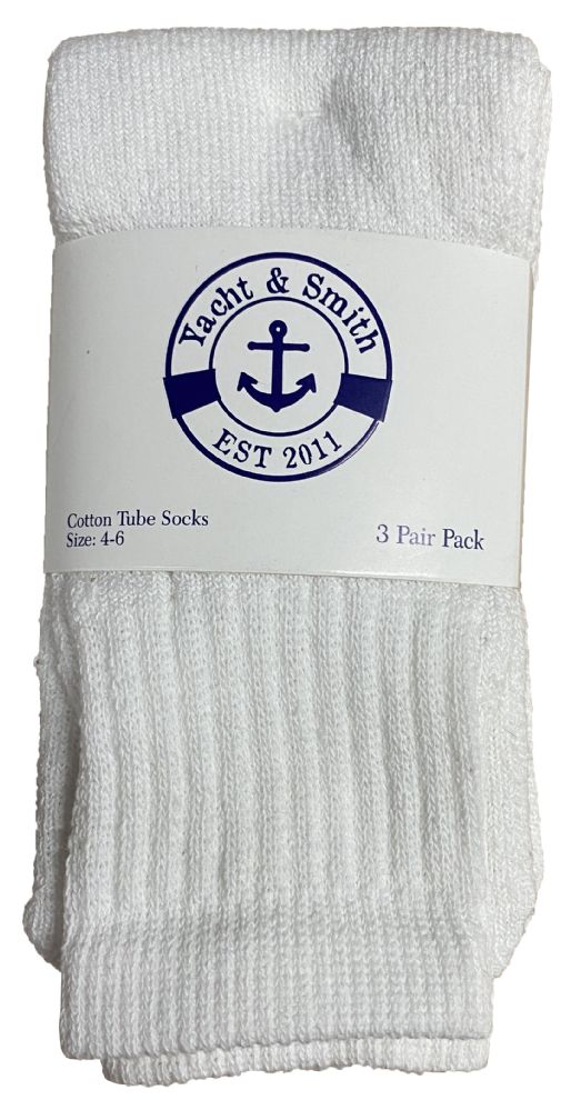 48 Wholesale Yacht & Smith Kids White Cotton Tube Socks Size 4-6