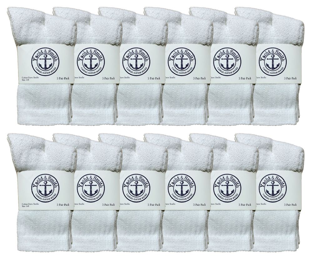 36 Wholesale Yacht & Smith Kids Cotton Crew Socks White With Gray Heel And Toe Size 4-6 Bulk Pack