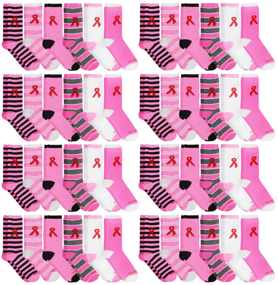 72 Wholesale Yacht & Smith Printed Breast Cancer Awareness Socks, Pink Ribbon Women Crew Socks