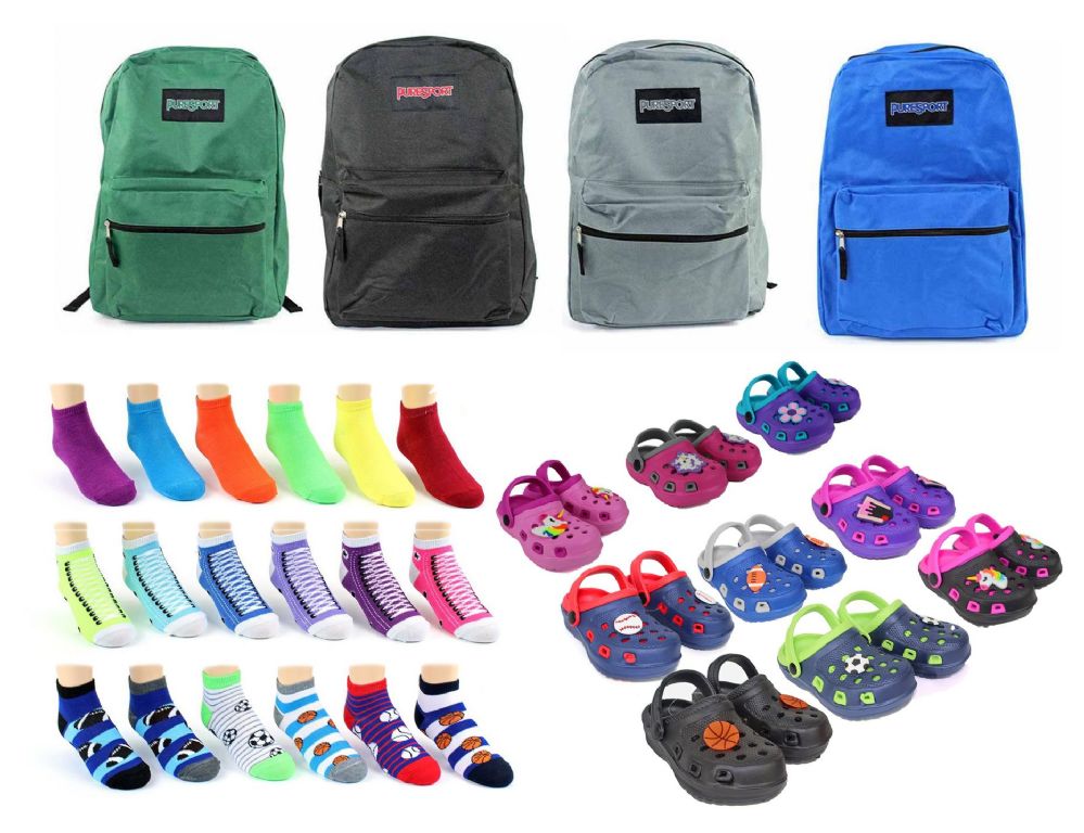 216 Wholesale Toddler BacK-TO-School Bundle - 216 Items - 15" Classic Backpacks, Clogs, & Graphic Socks!