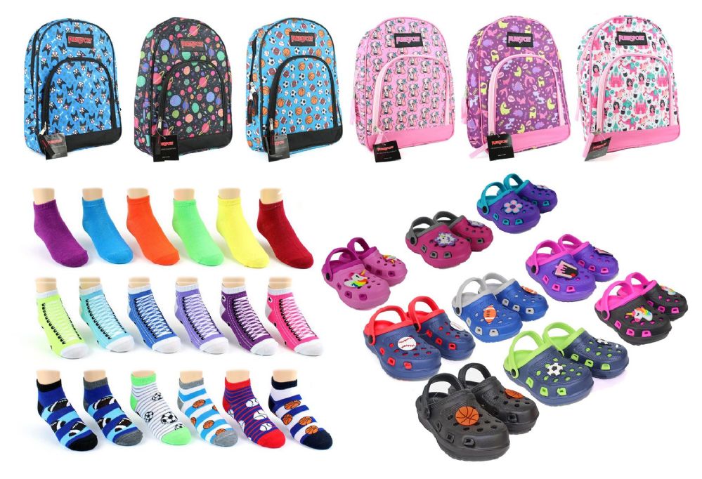 216 Wholesale Toddler BacK-TO-School Bundle - 216 Items - 14" Graphic Backpacks, Clogs, & Graphic Socks!